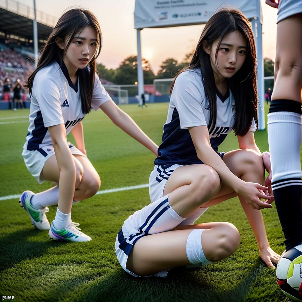  masterpiece, high quality, 4K, HDR BREAK A beautiful Japanese female soccer player, writhing in pain and crying after being kicked by a much larger player during a soccer match. BREAK A beautiful young Japanese woman, with long dark hair, wearing a soccer uniform with the number 10 on the back. BREAK The player is on the ground, clutching her leg in pain, tears streaming down her face as she grimaces. BREAK The scene is on a soccer field, with other players and the referee nearby, and the stadium stands visible in the background. hyperrealistic, full body, detailed clothing, highly detailed, cinematic lighting, stunningly beautiful, intricate, sharp focus, f/1. 8, 85mm, (centered image composition), (professionally color graded), ((bright soft diffused light)), volumetric fog, trending on instagram, trending on tumblr, HDR 4K, 8K