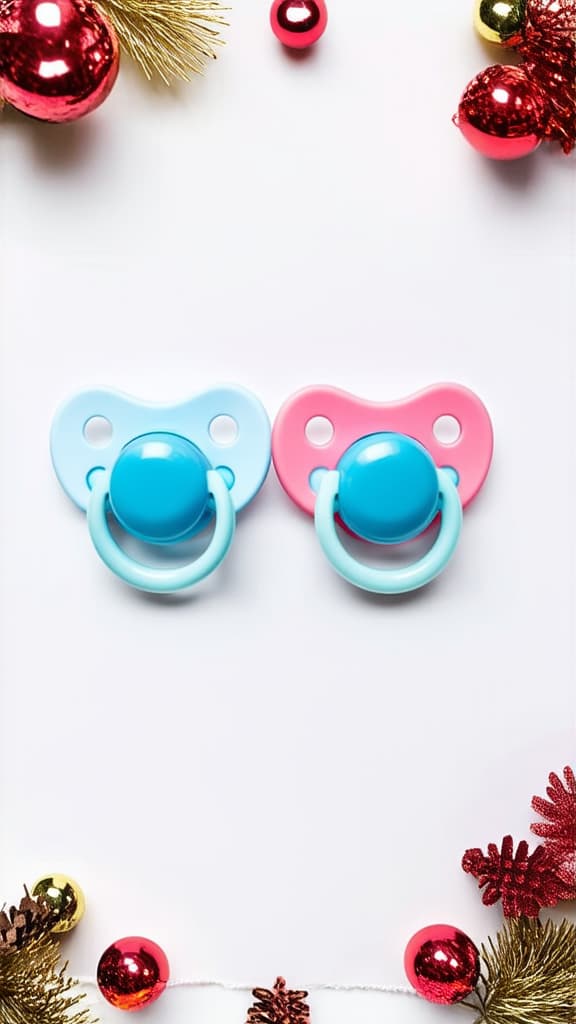  conceptual background of at birth or pair of twins with two blue and pink pacifiers on a white background with decoration. top view. ar 9:16 {prompt}, maximum details