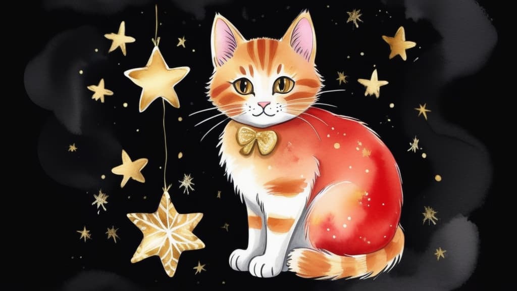  Create artwork Christmas cat. Cat with gold foil balloons and golden stars. Red kitten on a Christmas festive black background. ar 16:9 using watercolor techniques, featuring fluid colors, subtle gradients, transparency associated with watercolor art