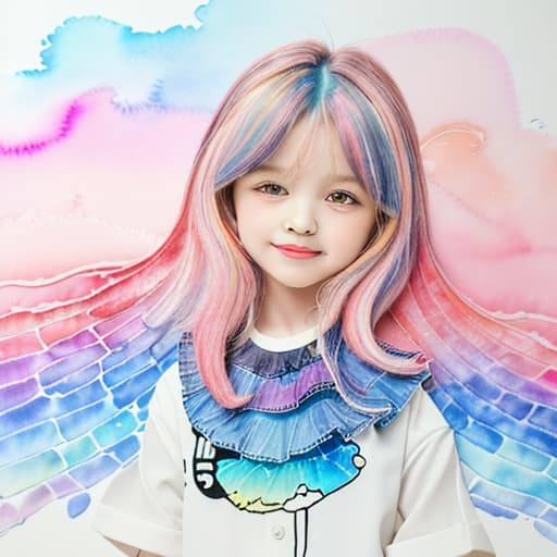  best quality,(masterpiece:1.3),ultra detailed,1girl,abstract watercolor painting of a little girl,(cowboy shot),scales,rainbow colors :1,colorful hair,blue and pink tone colors,abstract watercolor painting of cartoon clouds with emoji,rainbow colors,gradien