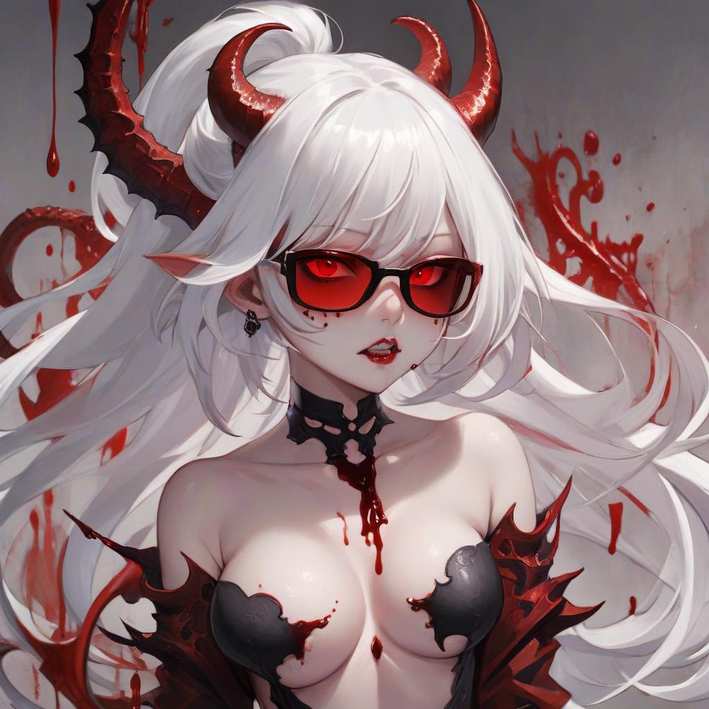  demon girl, white hair, asian, red shades, height, blood on the face