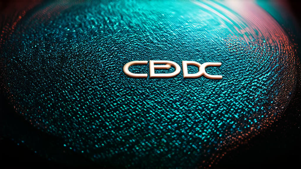  professional detailed photography, "cbdc" on metallic color circle, on abstract digital glowing metallic background ar 16:9, (muted colors, dim colors, soothing tones), (vsco:0.3)