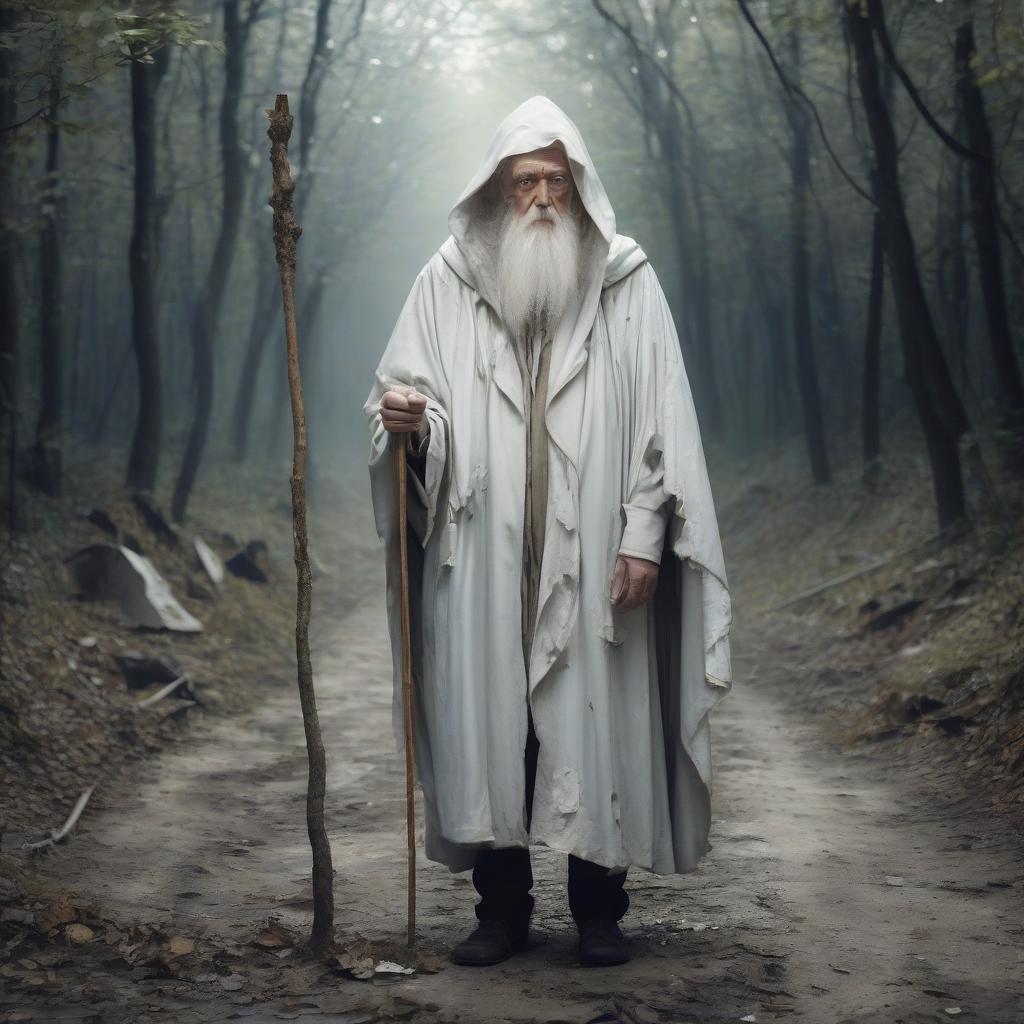  man wise old man white art in a cloak and with a stick on an abandoned alley in the forest