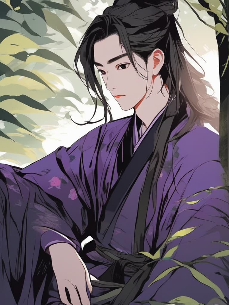  line art drawing chinese ancient man, long hair, purple robe, black sash, serious expression, forest setting, trees, pink petals, calmness, contemplation, deep in thought, handsome, sad mood, nature.long shot, wide angle lens, front view. highly detailed photo, sharp details, best quality, 4k, raw photo.. professional, sleek, modern, minimalist, graphic, line art, vector graphics