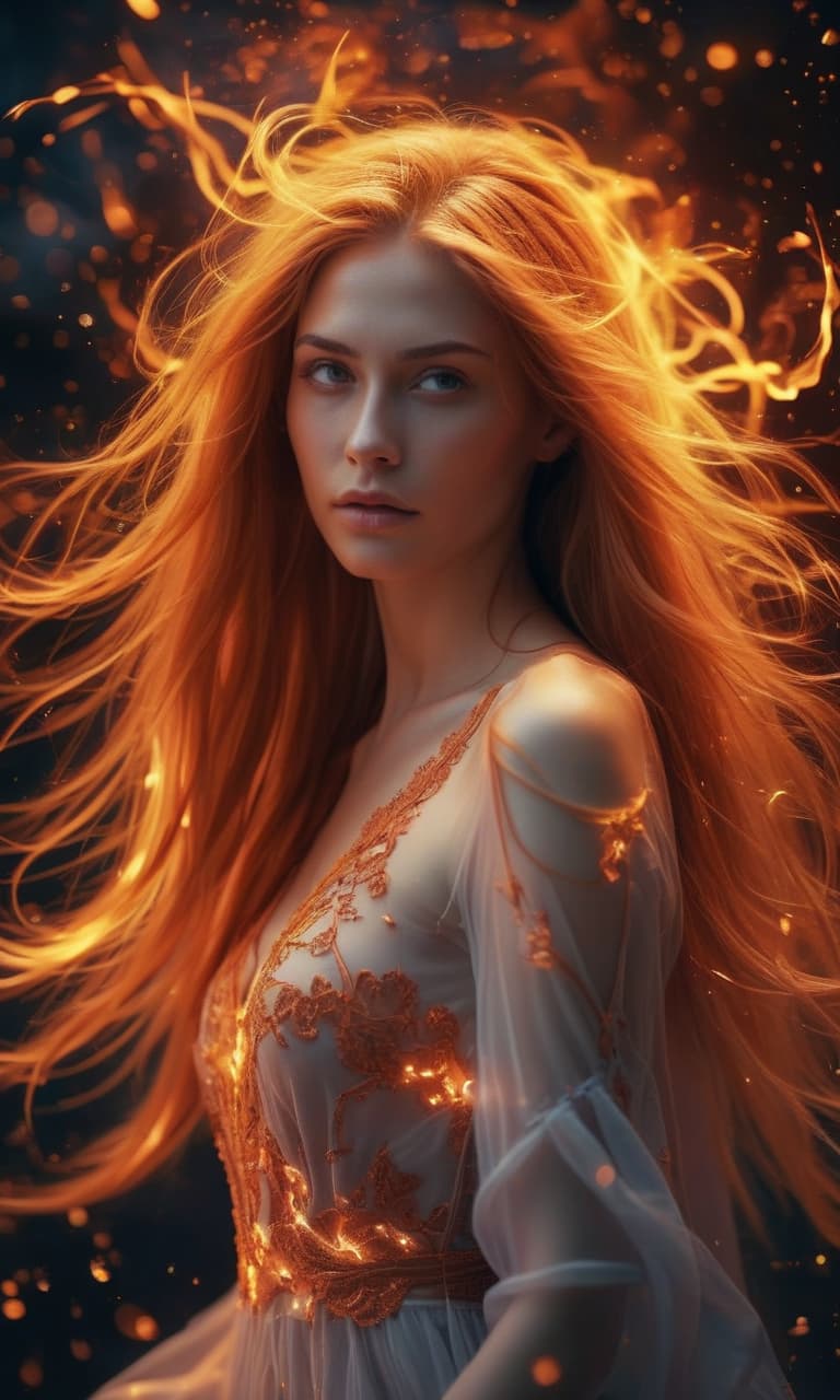  kirlian photography of a woman with long hair flying through the air, by marie bashkirtseff, glowneon fantasy art, dress made of fire, beautiful iphone wallpaper, jean grey, a still of an ethereal, fairy dust in the air, orange glowing hair, intricate wlop, fires glow lonely, civitai, glowneon