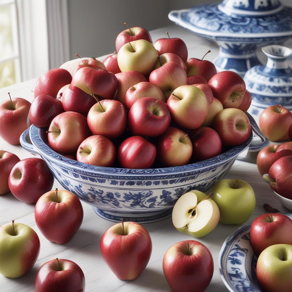  a table with a blue and white bowl filled with red apples. the bowl is placed in the center of the table, surrounded by a variety of apples. some apples are sitting on top of the bowl, while others are scattered around the table. the apples are of different sizes and positions, creating a visually appealing display. the table also has a few cherries placed nearby, adding to the colorful arrangement. the lighting is very soft and diffused, giving the image a bernard verkaaik like look