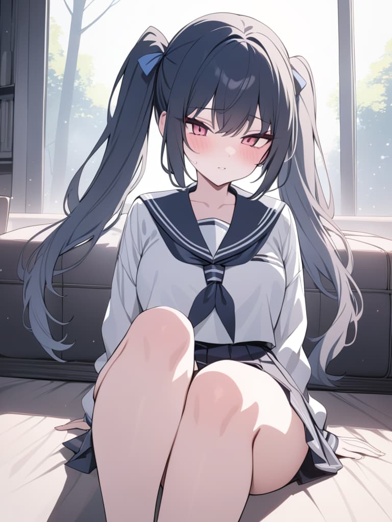  illness, twin tails, sailor uniforms, menhera, yandere, sitting on the ground, masterpiece, best quality,8k,ultra detailed,high resolution,an extremely delicate and beautiful,hyper detail