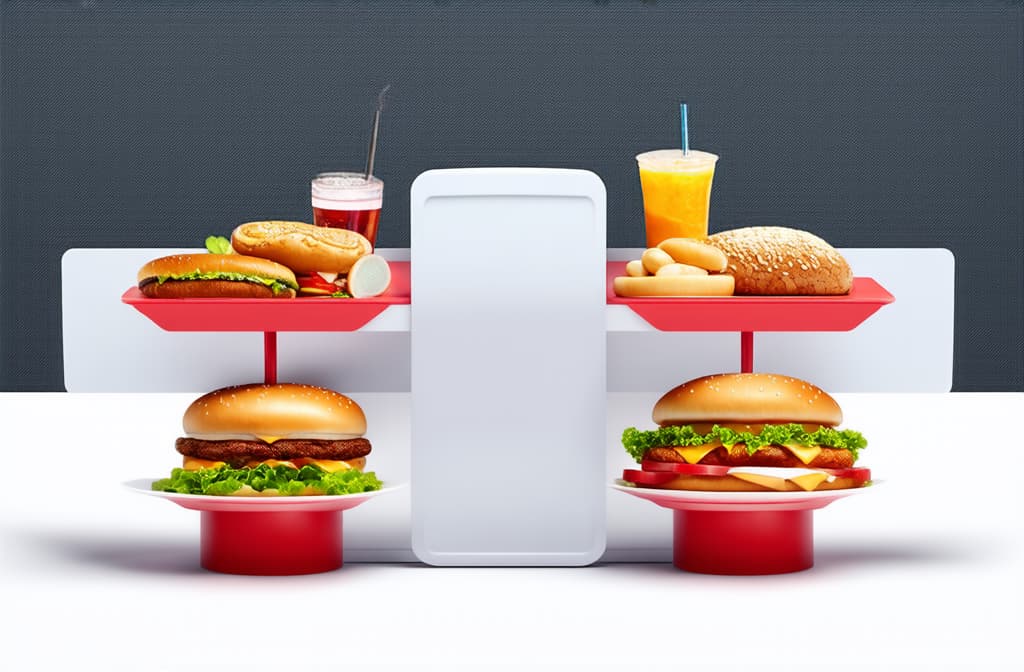  advertising style, stock photo, corporate branding style beam scales, on one стороне there is a bunch of fast food, on the other стороне there is healthy food ar 3:2 . professional, clean, modern, product focused, commercial, eye catching, minimalist, business oriented, highly detailed