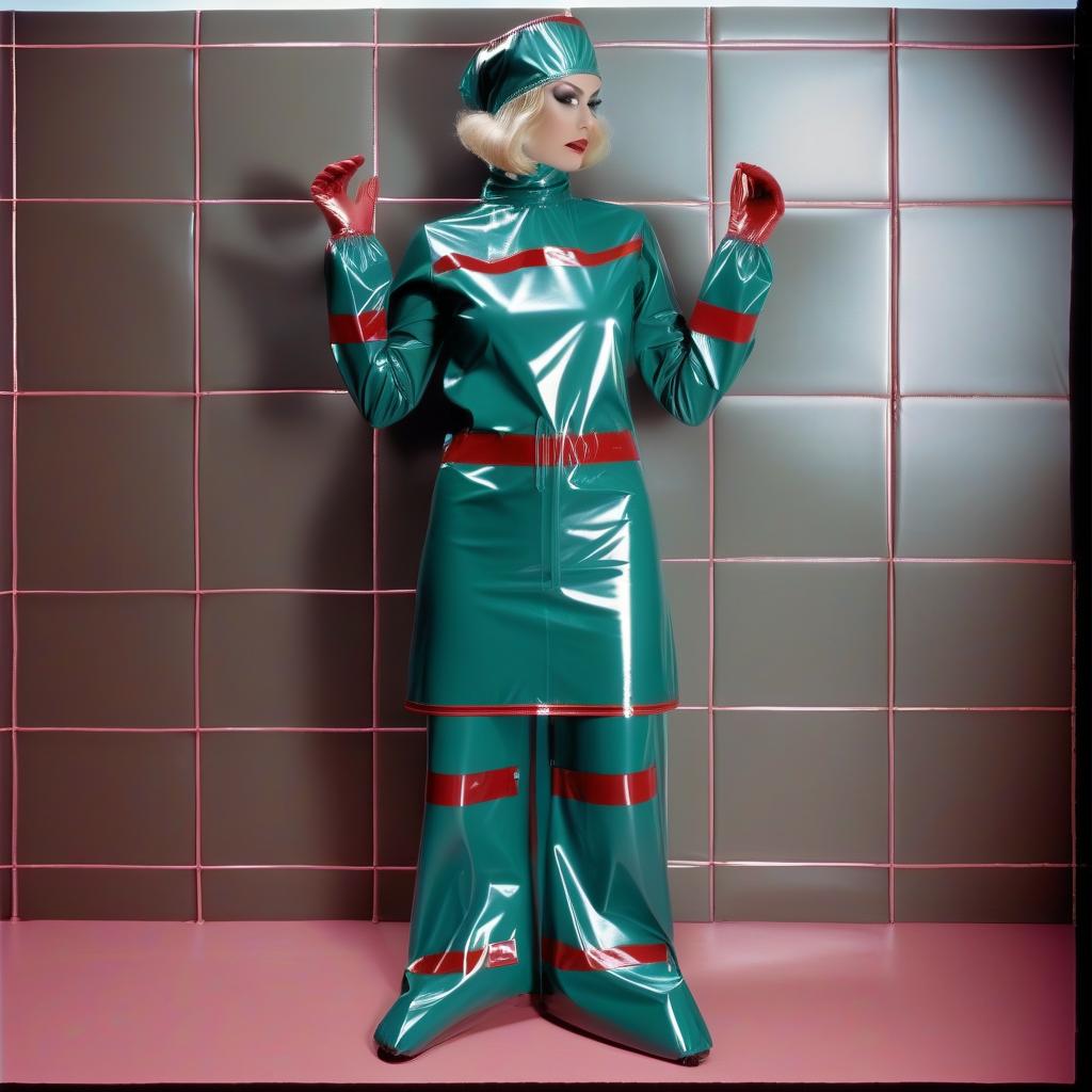  "hyperdetalisation, woman, mistress surgeon, in dressed three color surgical suit, made of glossy latex, standing alone, full length, front view, full face, dressed in, surgical gown, knee length, with elastic waistband, long sleeves, with elastic cuffs, upper part of surgical gown, (from collar to waist), glossy latex dark green, belt at waist, glossy latex red, lower part of surgical gown, (from hem to waist), glossy latex dark blue, in the center of the surgical gown there is an emblem in the form of surgical forceps "burdizzo", upper part of sleeve, (from shoulder to elbow), glossy latex dark blue, lower part of sleeve, (from elbow to cuff), glossy latex dark green, cuffs on sleeve, glossy latex red, (bib with collar), made of glossy d