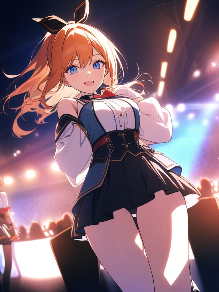  masterpiece(beautiful girl,orange hair,blue eyes,smiling,idol,stage,16k,high quality)