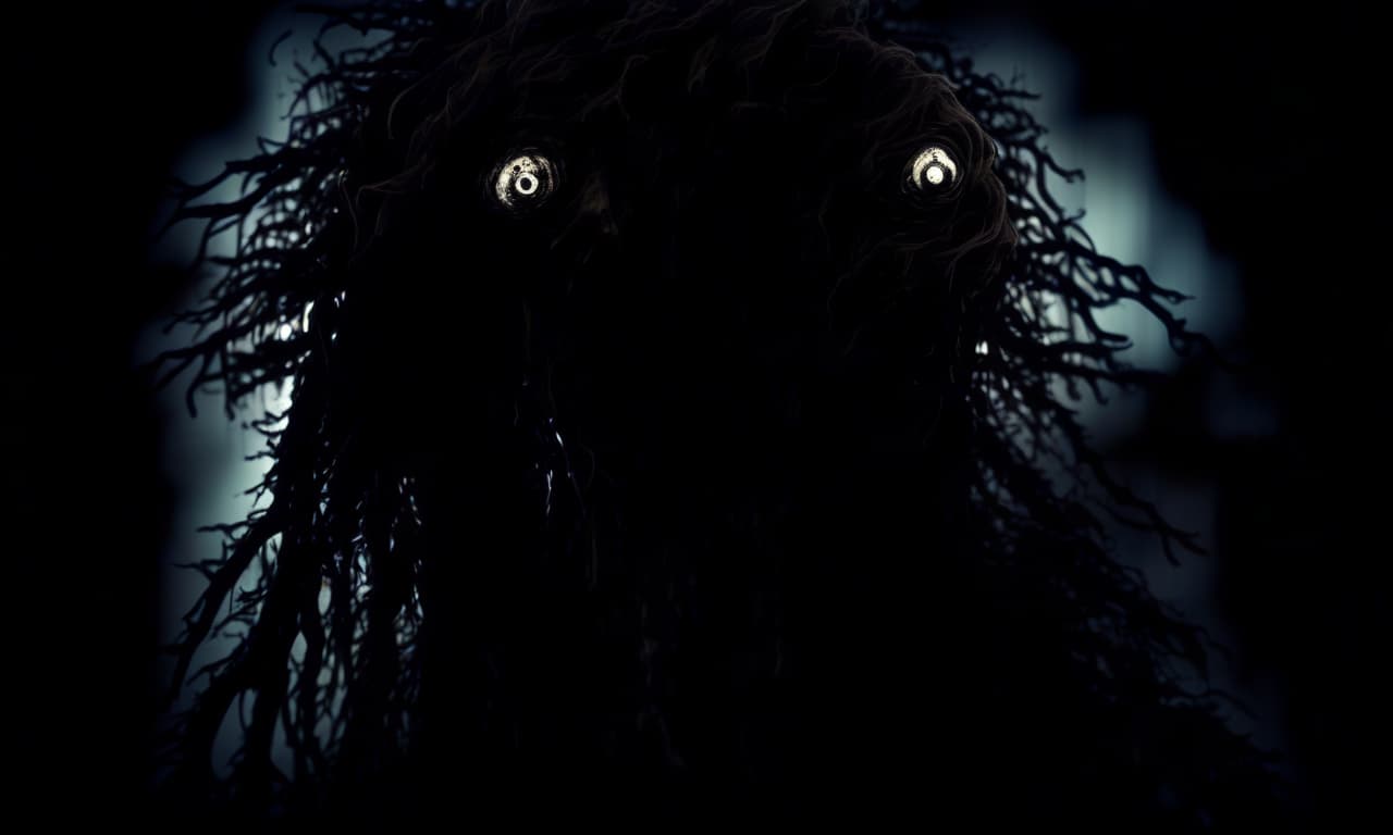  horror themed a terrifying creature made up of rubbish and rot, with eyes gleaming in the darkness and long teeth. the silhouette is blurred. it looks scary and threatening. . eerie, unsettling, dark, spooky, suspenseful, grim, highly detailed