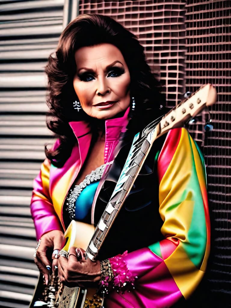  Singer Loretta Lynn, medium shot, upper body, spotlight, long exposure lighting, street art style spray paint, glamour lighting