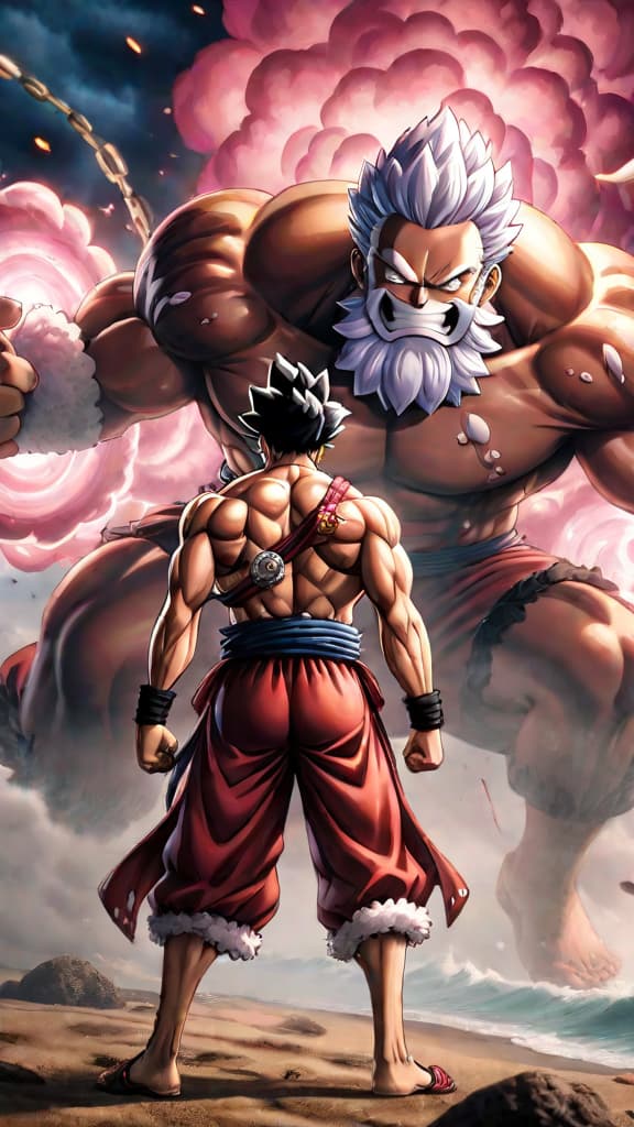  anime art: luffy's gear fourth clashes with doflamingo, revealing the hidden secret of the will of d. hyperrealistic, full body, detailed clothing, highly detailed, cinematic lighting, stunningly beautiful, intricate, sharp focus, f/1. 8, 85mm, (centered image composition), (professionally color graded), ((bright soft diffused light)), volumetric fog, trending on instagram, trending on tumblr, HDR 4K, 8K