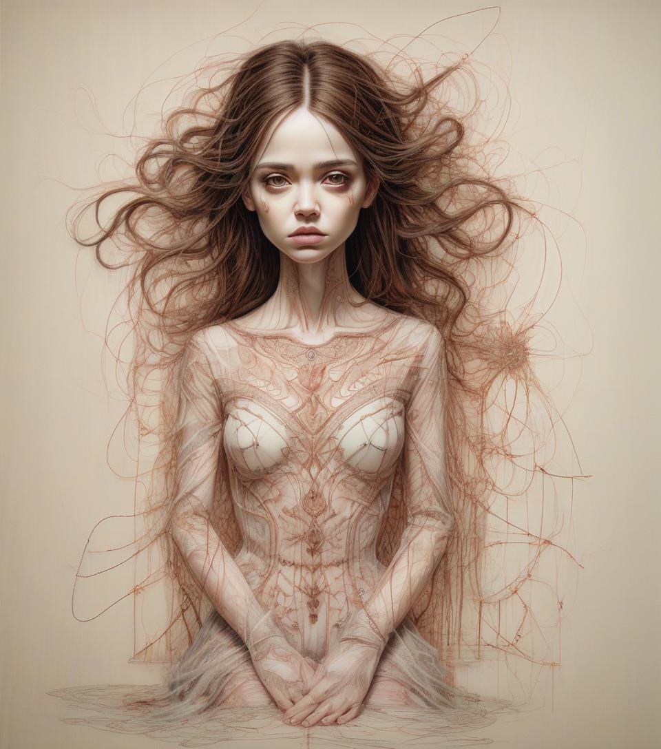  embroidered woman, brown eyes ,dynamic pose, photography by craig mcdean, mark ryden, carne griffiths style.