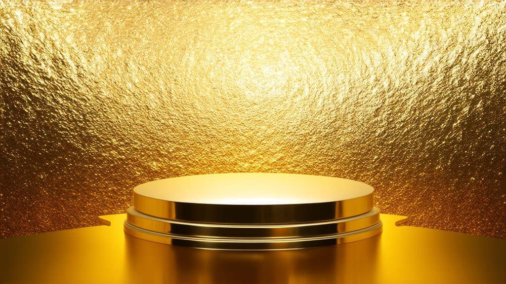  professional detailed photography, metallic gold podium on a glowing gold background ar 16:9, (muted colors, dim colors, soothing tones), (vsco:0.3)