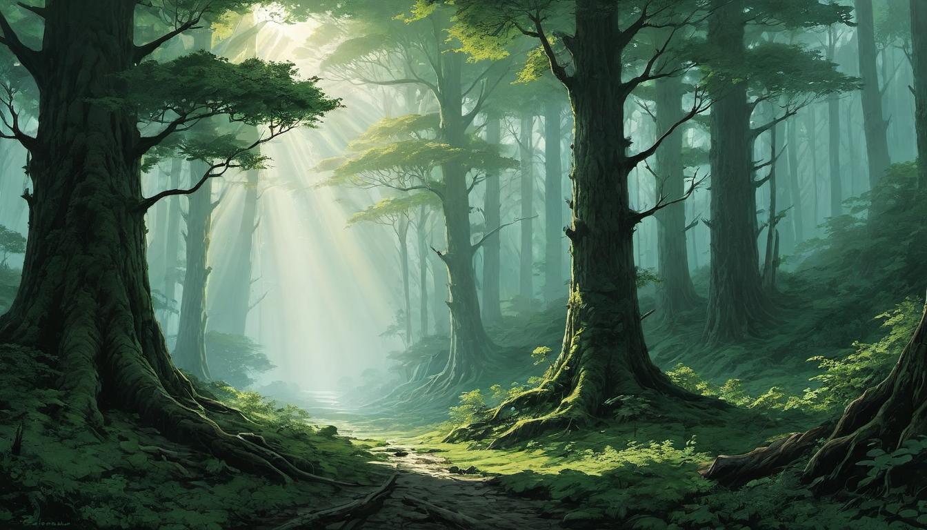  （surrealism)a silent forest, tall trees with dense foliage, sunlight filtering through leaves, one tree partially uprooted, tranquil yet unsettling, nature’s calm before disturbance mystic, intricate details, best quality)