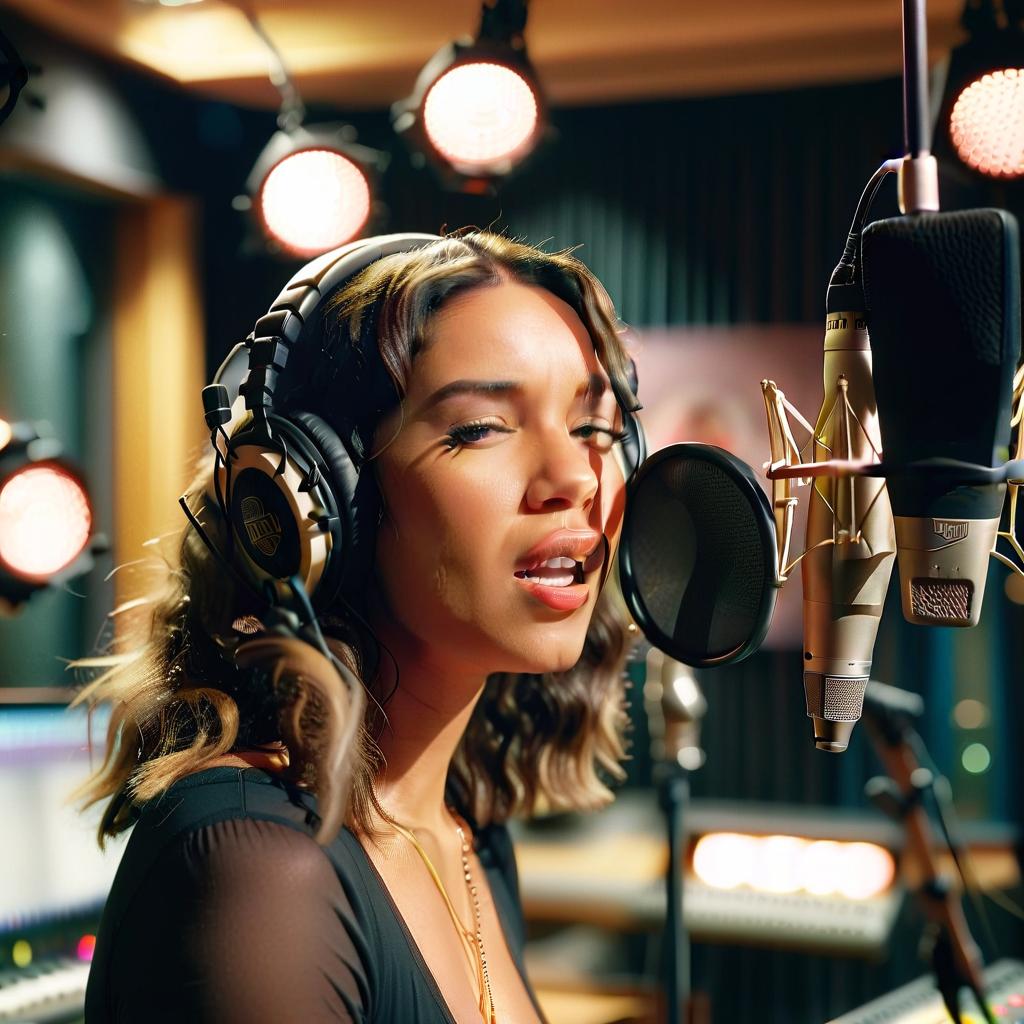  cinematic photo photo of a female singer in a recording studio . 35mm photograph, film, bokeh, professional, 4k, highly detailed, perfecteyes, film photography style