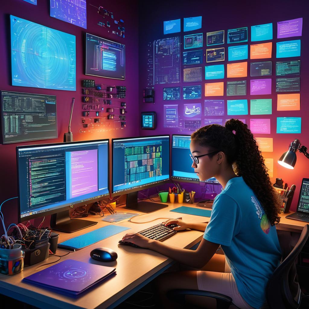  in 3d animated movie style. disney pixar style. "alisha, a 10 s exuding a curious, determined, and creative persona in casual attire, surrounded by tech gadgets. her coding workspace features multiple screens with code lines, colorful sticky notes, embodying a vint tech environment. high res pixar 3d animated style vividly renders the coding tools, emitting warm, bright lights from screens, symbolizing alisha’s coding pion. bird's eye view captures alisha engrossed in coding, emphasizing her journey into professional programming."