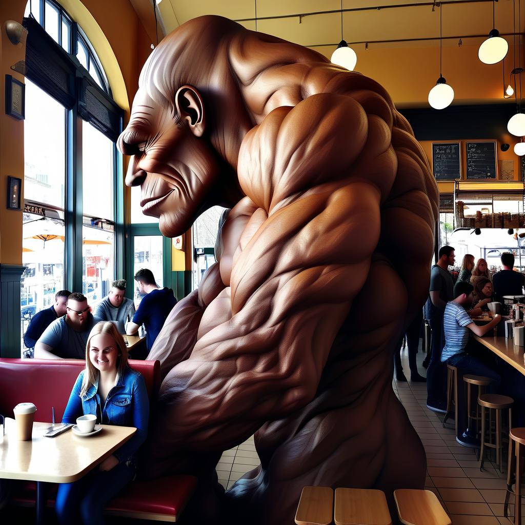  a very full with incredibly giant , a giant , full height, in profile, in a cafe