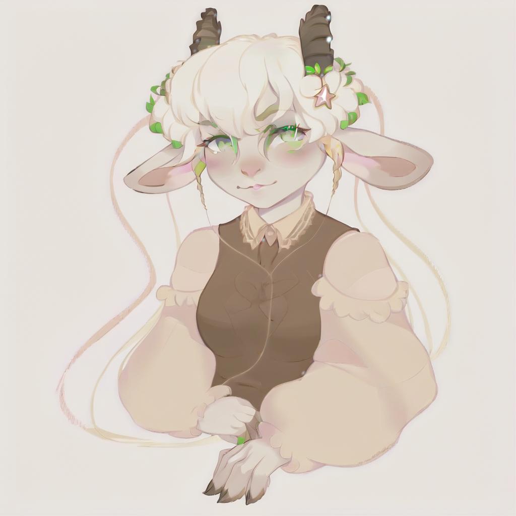  anthropomorphic goat, blonde, long hair, curls, bangs, dressed in fairy core style, green eyes. a picture is an avatar for vitubing, neutral color background, pink blush