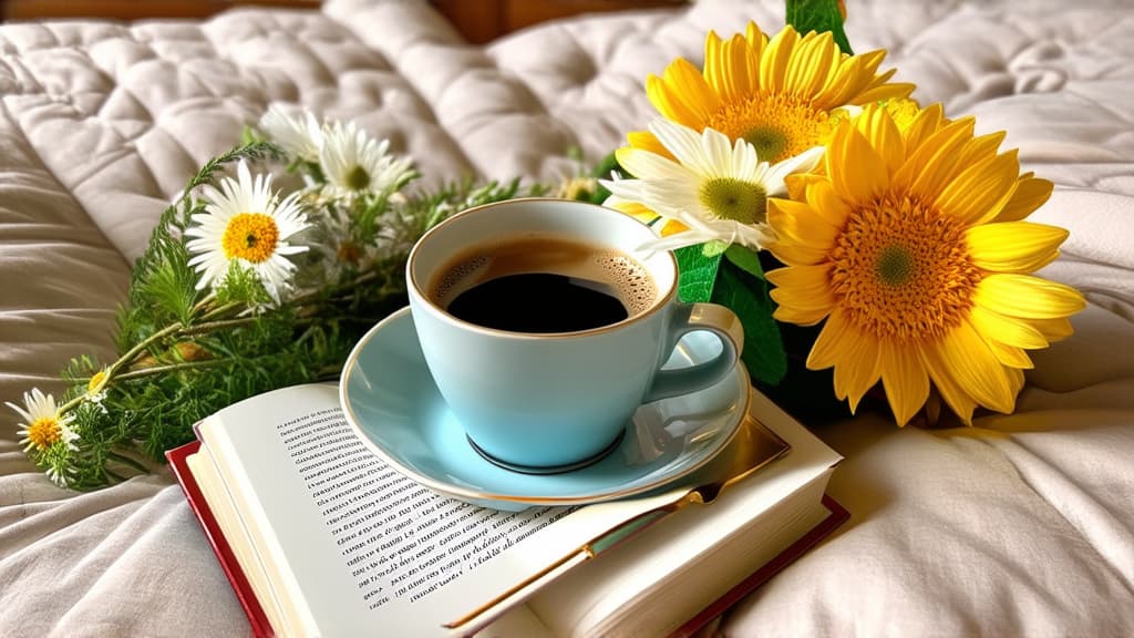  a cup of coffee and a book on a bed, flowers around, avatar image, fan favorite, profile picture, golden linings, profile pic, poetry, wonderful compositions ar 16:9 {prompt}, maximum details