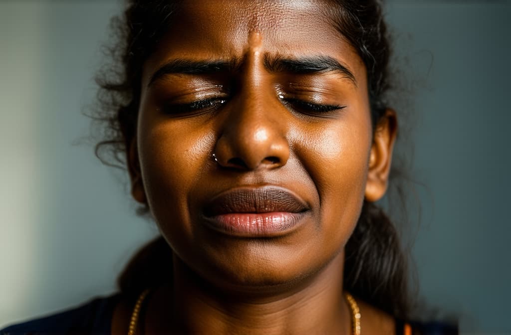  young sad indian woman crying with tears streaming down her cheeks. emotional breakdown, closed eyes and closed mouth ar 3:2, (natural skin texture), highly detailed face, depth of field, hyperrealism, soft light, muted colors