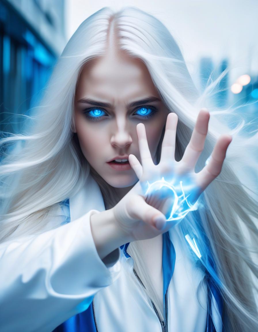  a girl with superpower, releases cold from the palm, a front view, white long loose hair, modern clothes, bright blue eyes