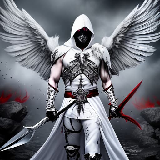  evil angel in a white hood with wings in blood with a sword on his shoulder white fire from the eyes dark face