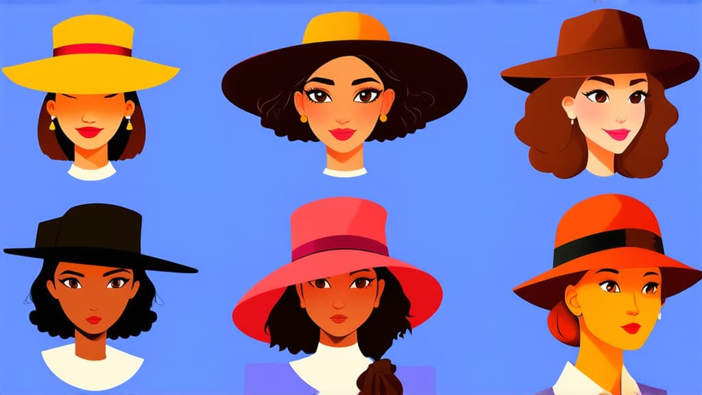  flat illustration, flaticon, (illustration:1.15), different beauty. set of different female heads in hats. different races and nationalities. colored hand drawn illustration ar 16:9, [cory loftis, strobist, pascal campion :: 0.2]