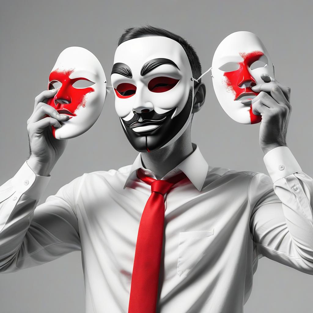  man guy removes mask, black and white image with red elements, high quality