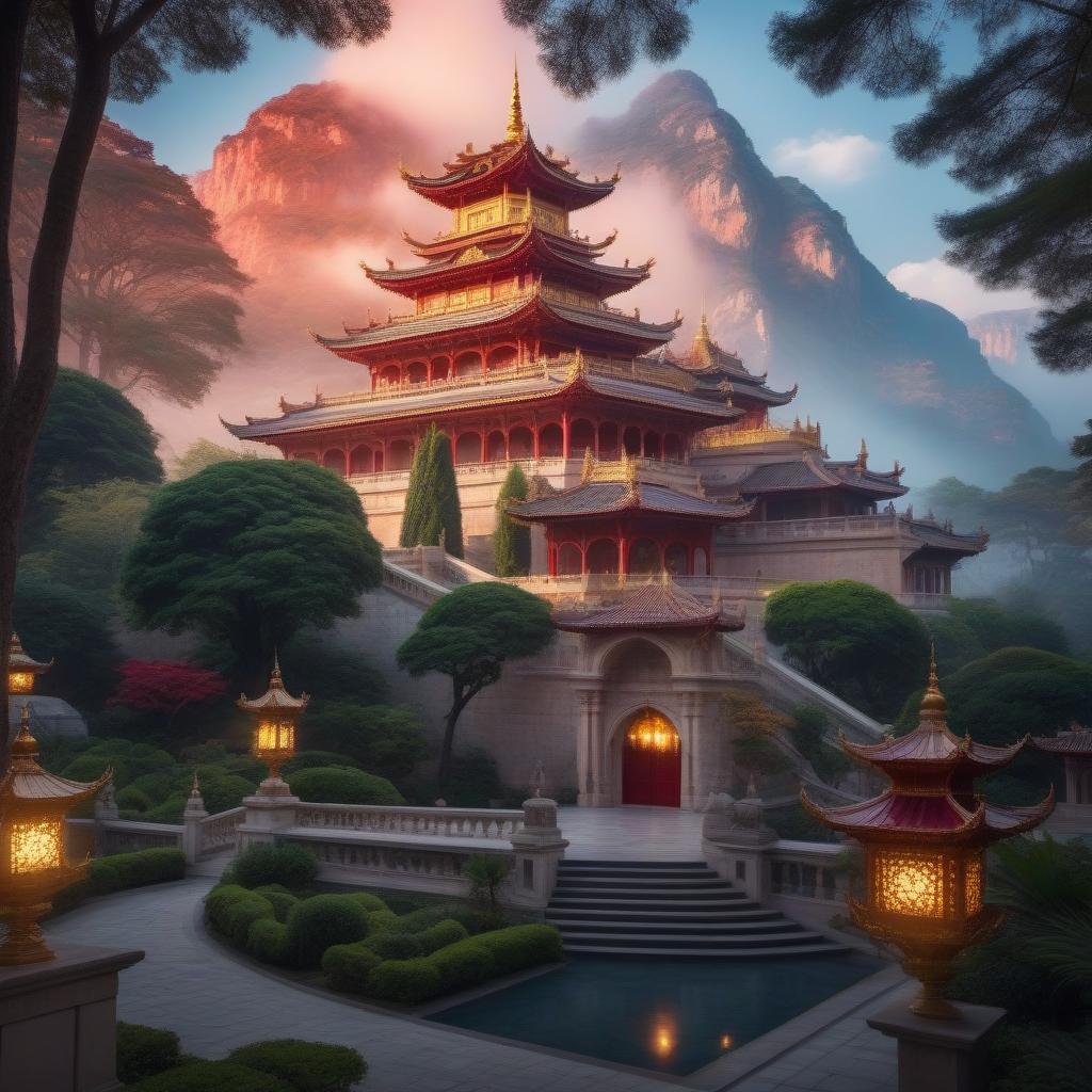  Royal pink marble Palace with red tiled roofs and golden weathervanes, Empire style hyperrealistic, full body, detailed clothing, highly detailed, cinematic lighting, stunningly beautiful, intricate, sharp focus, f/1. 8, 85mm, (centered image composition), (professionally color graded), ((bright soft diffused light)), volumetric fog, trending on instagram, trending on tumblr, HDR 4K, 8K