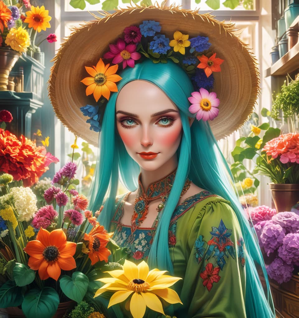  art deco style highly detailed oil painting, (double exposure:1.4), depicting (friendly:1.5) an elderly witch woman in a large straw hat decorated with beautiful flowers. a look at the viewer, expressive sly eyes. a bizarre and magical illustration (of a flower with a humanoid face:1.6), growing in a flower pot surrounded by bright flowers and plants, concept art by tadahiro uesugi, intricate details, fantasy elements, soft lighting. (flower shop with unique living and talking flowers:1.5). the style of the works of jan van eyck and paul cezanne. this piece will undoubtedly be a great addition to any art collection. . geometric shapes, bold colors, luxurious, elegant, decorative, symmetrical, ornate, detailed, hkmagic, glowneon