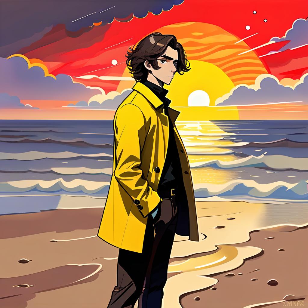  constructivist style a young man stands alone on the beach. he has long dark brown hair, which flies slightly in the breeze. his face, with pronounced jewish and slavic features, radiates lively energy. brown eyes are full of deep emotions, as if reflecting the vast expanses of the ocean. he wears a bright yellow coat that seems to shine, catching the eye and contrasting with the soft shades of the sunset. under his coat he wears a black shirt and black pants are decorated with yellow elements, creating a stylish and dynamic look. the sunset turns into the night sky and full of stars, and the outgoing red sun rays fall on the terrain in bright red stripes contrasting with the oncoming night. the image uses such colors and shades of colors a