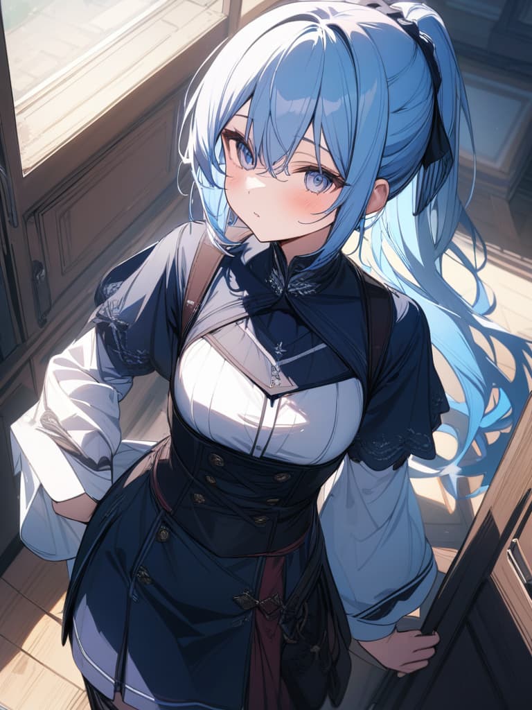  beautiful girl, light blue hair character, ponytail, moe sleeve, masterpiece, best quality,8k,ultra detailed,high resolution,an extremely delicate and beautiful,hyper detail