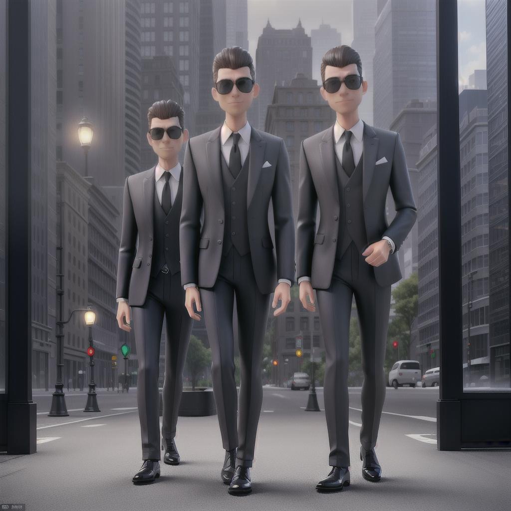  Two men in black suits and sunglasses in front of buildings hyperrealistic, full body, detailed clothing, highly detailed, cinematic lighting, stunningly beautiful, intricate, sharp focus, f/1. 8, 85mm, (centered image composition), (professionally color graded), ((bright soft diffused light)), volumetric fog, trending on instagram, trending on tumblr, HDR 4K, 8K