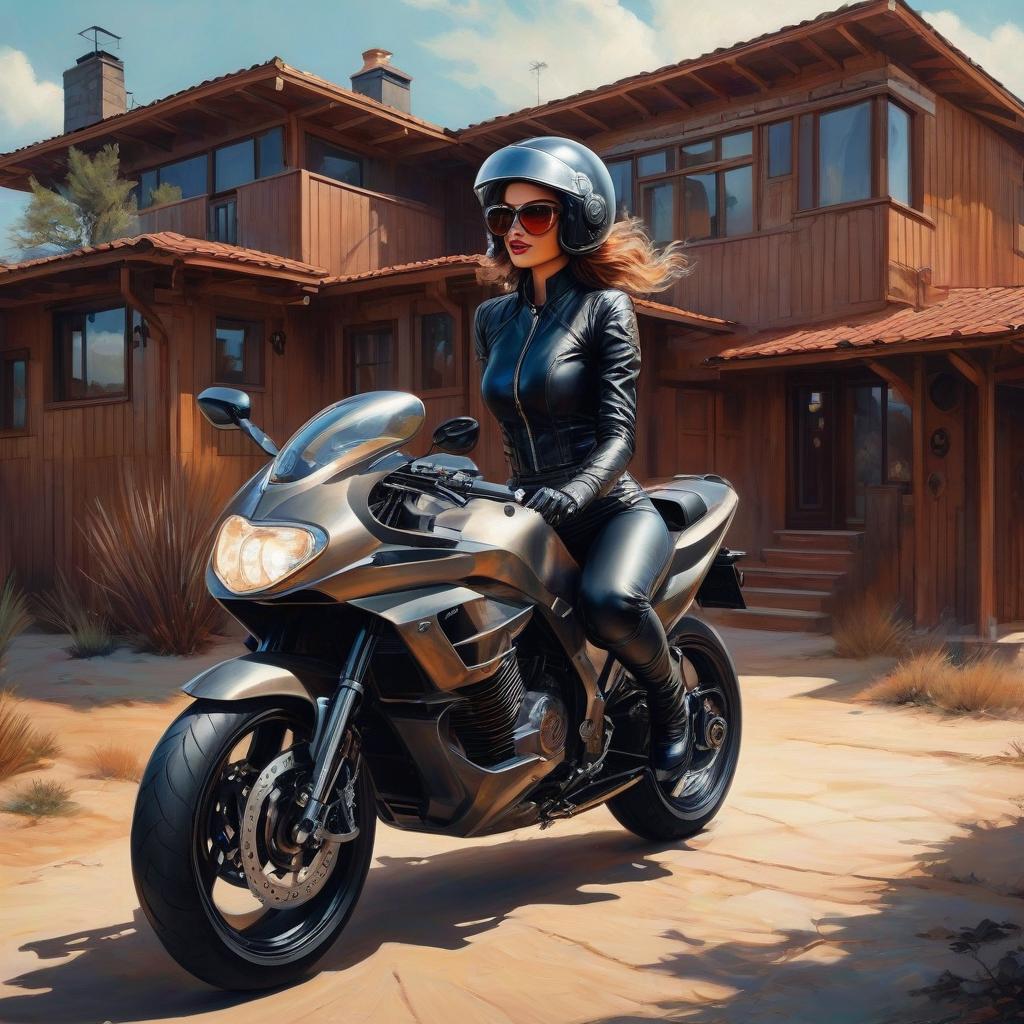  girl, witch, wearing helmet, goggles, on a motorcycle, next to a modern stylish house in modern style , steampunk, pin up, surrealism oil painting,ink v3,g,abstract art,abstract technique,3d,metal effect,mixpunk,cyberpunk,cybertech elements,futurism,illustrated v3,deco influence,air brush style,drawing,niji art,