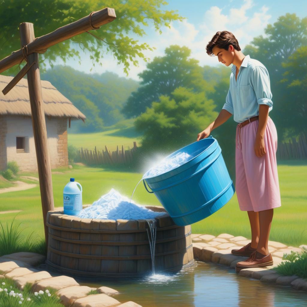  generate 3 images based on scene 1, scene 2, and scene 3. make each image consistent with the same drawing style from each scene. ### scene 1: fetching water **description**: a young man stands at a public well with two full pails hanging on a wooden beam. he wears a light blue shirt and brown pants. the well is surrounded by green trees and soft sunlight filters through the leaves. ### scene 2: washing clothes **description**: a graceful woman is washing colorful clothes in a basin next to the well. she is dressed in a flowing white and soft pink dress. a basket of laundry sits nearby. the young man is in the background, observing her with admiration. ### scene 3: departure with unspoken feelings **description**: the young man is shown 