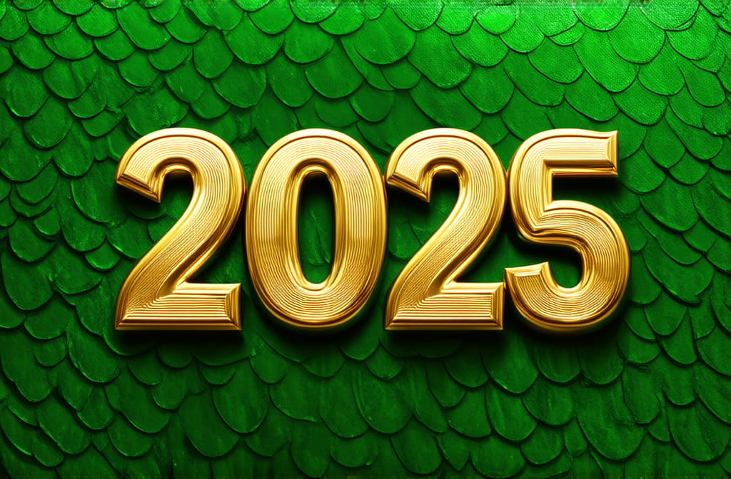  professional detailed photography, numbers 2025 in gold on green and emerald background with snake scale texture ar 3:2, (muted colors, dim colors, soothing tones), (vsco:0.3)