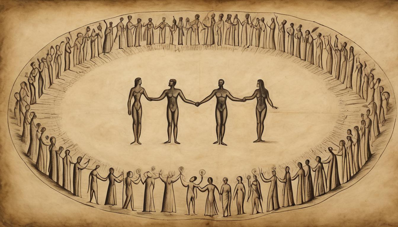  on parchment, surrealism++, figures holding hands, forming an unbroken circle, radiating light, elevating each other, sense of community, support, collective strength(mysterious, provocative, symbolic)++