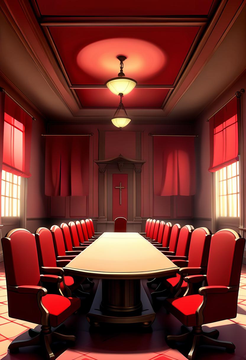  renaissance style a meeting room with empty seats, red flags on walls (cel shading, vintage anime:1.25) . realistic, perspective, light and shadow, religious or mythological themes, highly detailed