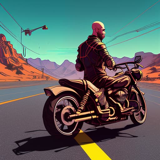 nvinkpunk bald man with goat beard, skinny, no helmet rides a harley davidson motorcycle on the road through the desert, day, cracks in the asphalt, no markings, clear weather, desert of mexico; view: front, three quarters