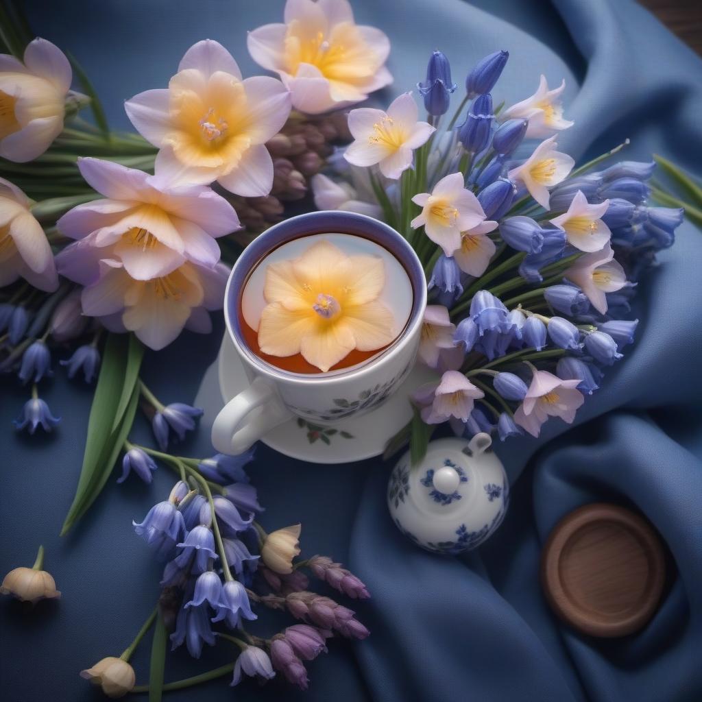  A cup of tea and a bouquet of bluebells hyperrealistic, full body, detailed clothing, highly detailed, cinematic lighting, stunningly beautiful, intricate, sharp focus, f/1. 8, 85mm, (centered image composition), (professionally color graded), ((bright soft diffused light)), volumetric fog, trending on instagram, trending on tumblr, HDR 4K, 8K