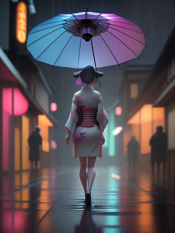  a girl in a short kimono with an umbrella walks in the rain, anime style photo, manga style, digital art, glow effects, hand drawn, render, 8k, octane render, cinema 4d, blender, dark, atmospheric 4k ultra detailed, cinematic sensual, sharp focus, humorous illustration, hyperrealistic, big depth of field, masterpiece, colors, 3d octane render, 4k, concept art, trending on artstation, hyperrealistic, vivid colors