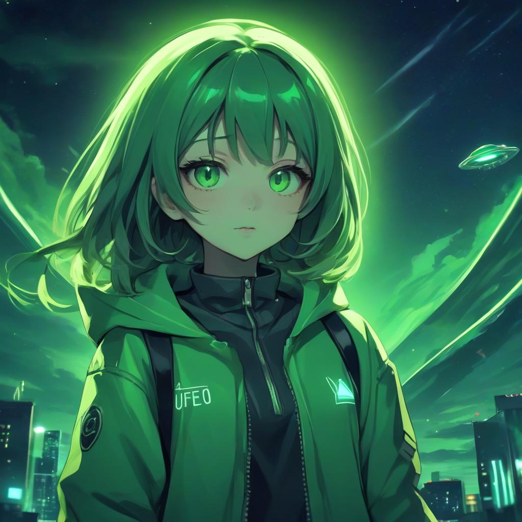  girl in anime style in a green jacket, green color, night, bright light, ufo in the sky