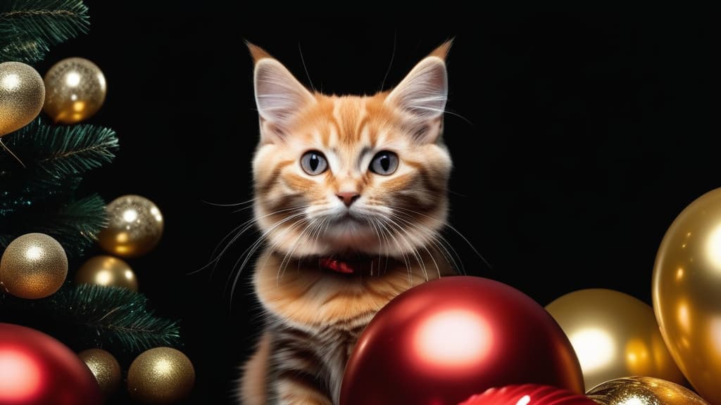  Christmas cat. Cat with gold foil balloons. Red kitten on a Christmas festive black background. ar 16:9 high quality, detailed intricate insanely detailed, flattering light, RAW photo, photography, photorealistic, ultra detailed, depth of field, 8k resolution , detailed background, f1.4, sharpened focus