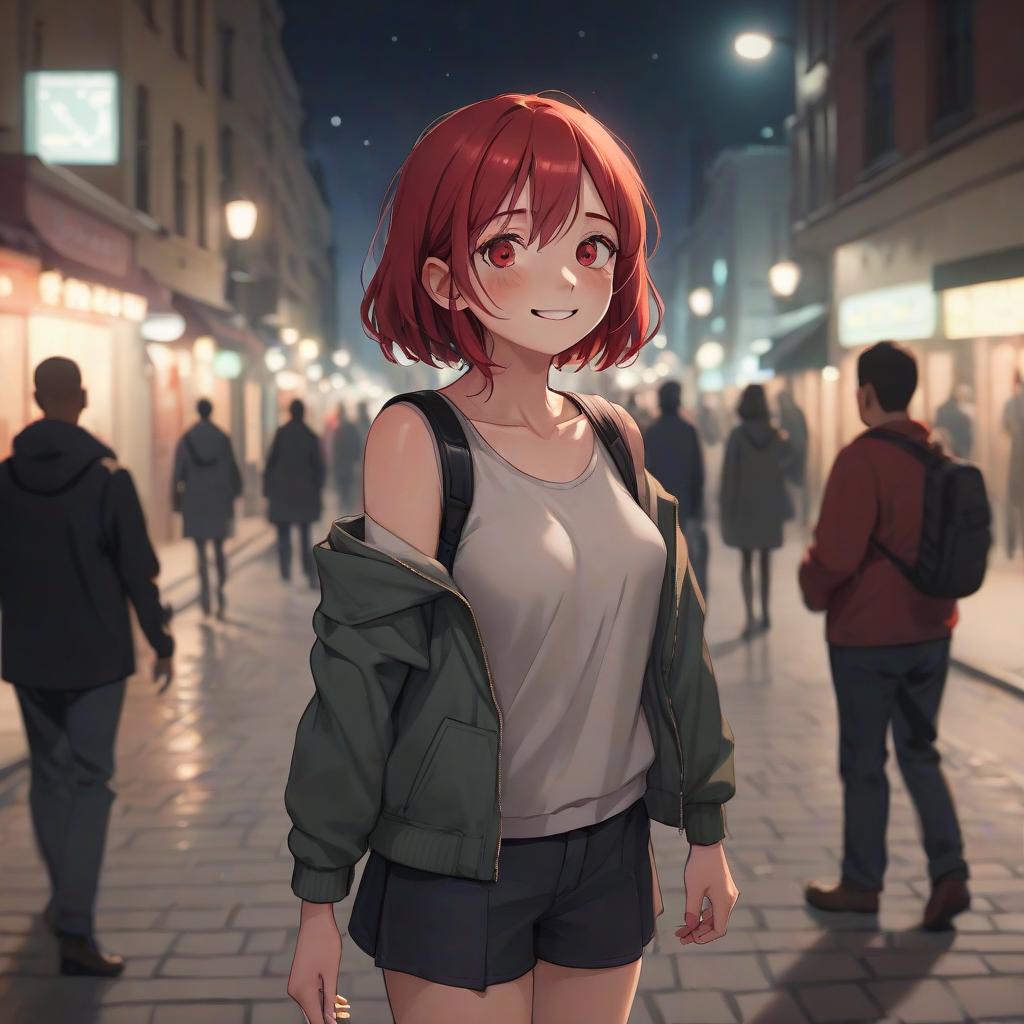   with red hair on her shoulders wearing gles. standing back. looking at me. holding my hand. hands. visible. view from my face. i'm taller than her. night town. small smile. casual clothes