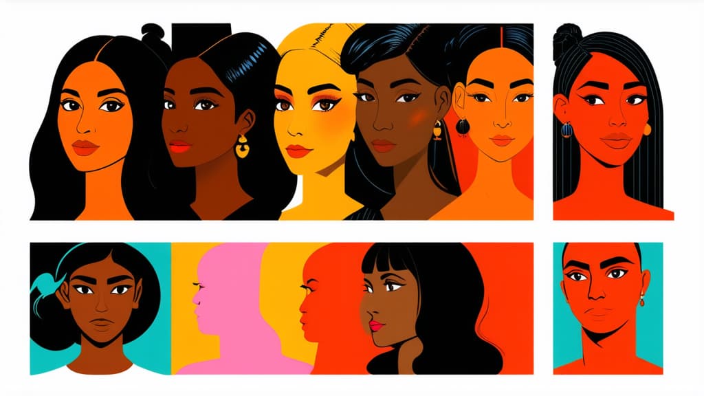  flat illustration, flaticon, (illustration:1.15), different beauty. set of different female heads. different races and nationalities. colored hand drawn illustration ar 16:9, [cory loftis, strobist, pascal campion :: 0.2]