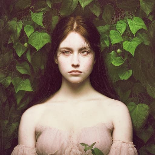 analog style Highly detailed moody dark, masterful portrait of a breathtakingly lovely, wild Witchling nymph surrounded by trailing ivy painted by John William Waterhouse and Rembrandt. She has a beguiling face and is looking down directly at the viewer. Her eyes are breathtakingly lovely and engaging. She has long, wild, unkempt dark hair. Gorgeous, highly detailed , ornate composition using the golden ratio.