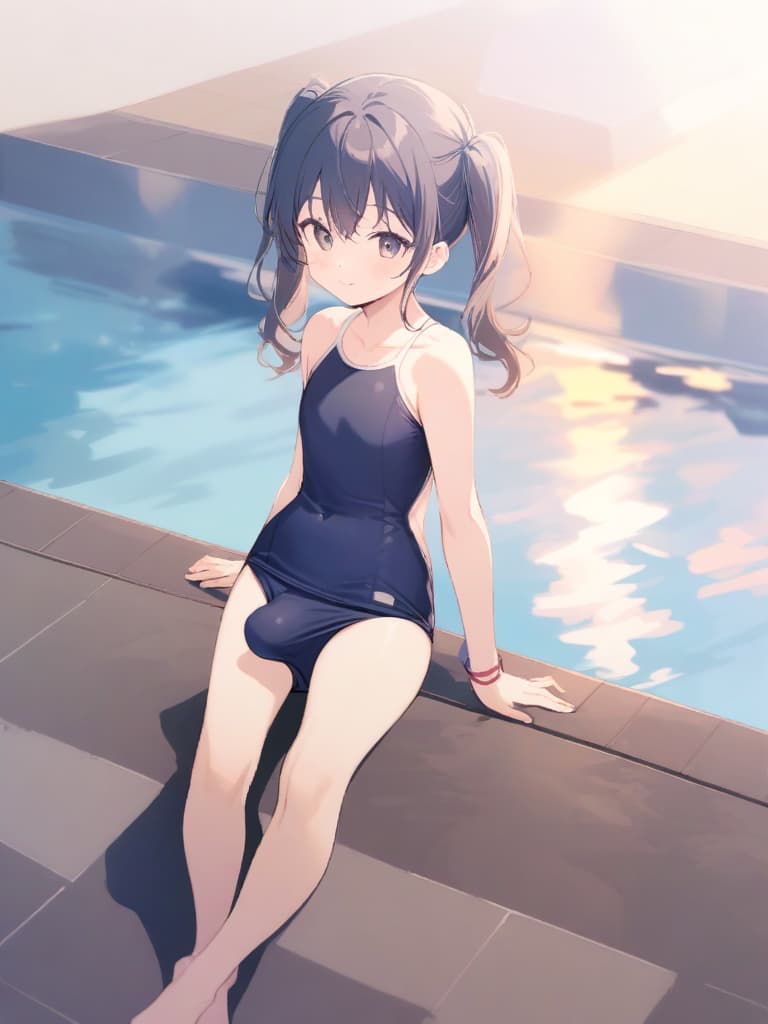  women's elementary student, navy blue swimwear, old swimwear, swimwear, , simple, male bulge, shaped clear , shaped clear, clear stem, shaped clear, area, front, cute smile, twin tails, whole body, whole body, whole body, whole body. poolside,