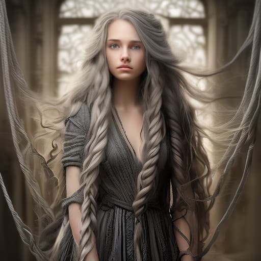  picture a young woman, beautiful long hair, a woman in a gray dress, all tied up with a strong rope, (intricate details:0.9), (hdr, hyperdetailed:1.2)